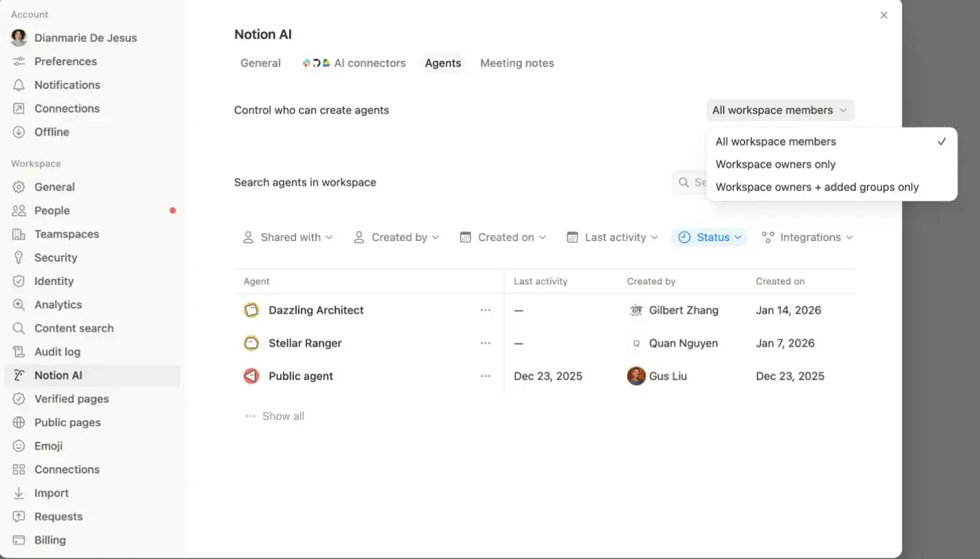 Agent creation settings within Notion Ai.