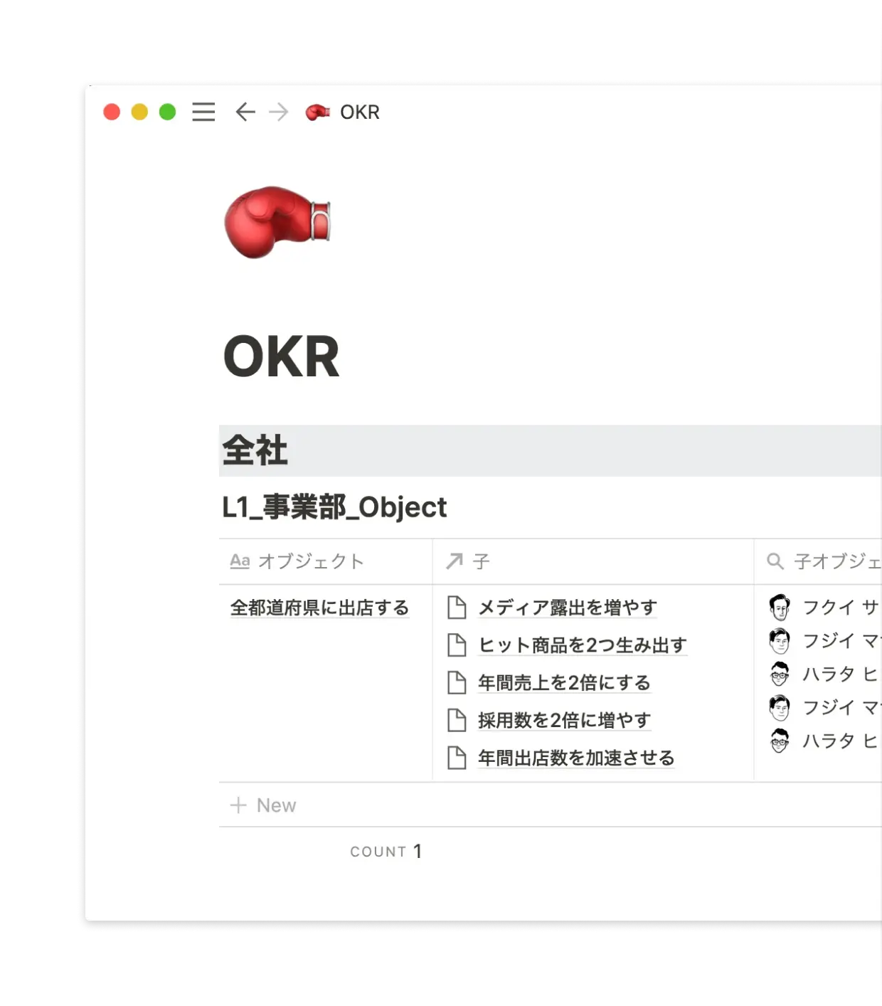 リレーションとロールアップ機能を用いて、事業部、チーム、個人の単位でOKRを管理しています。