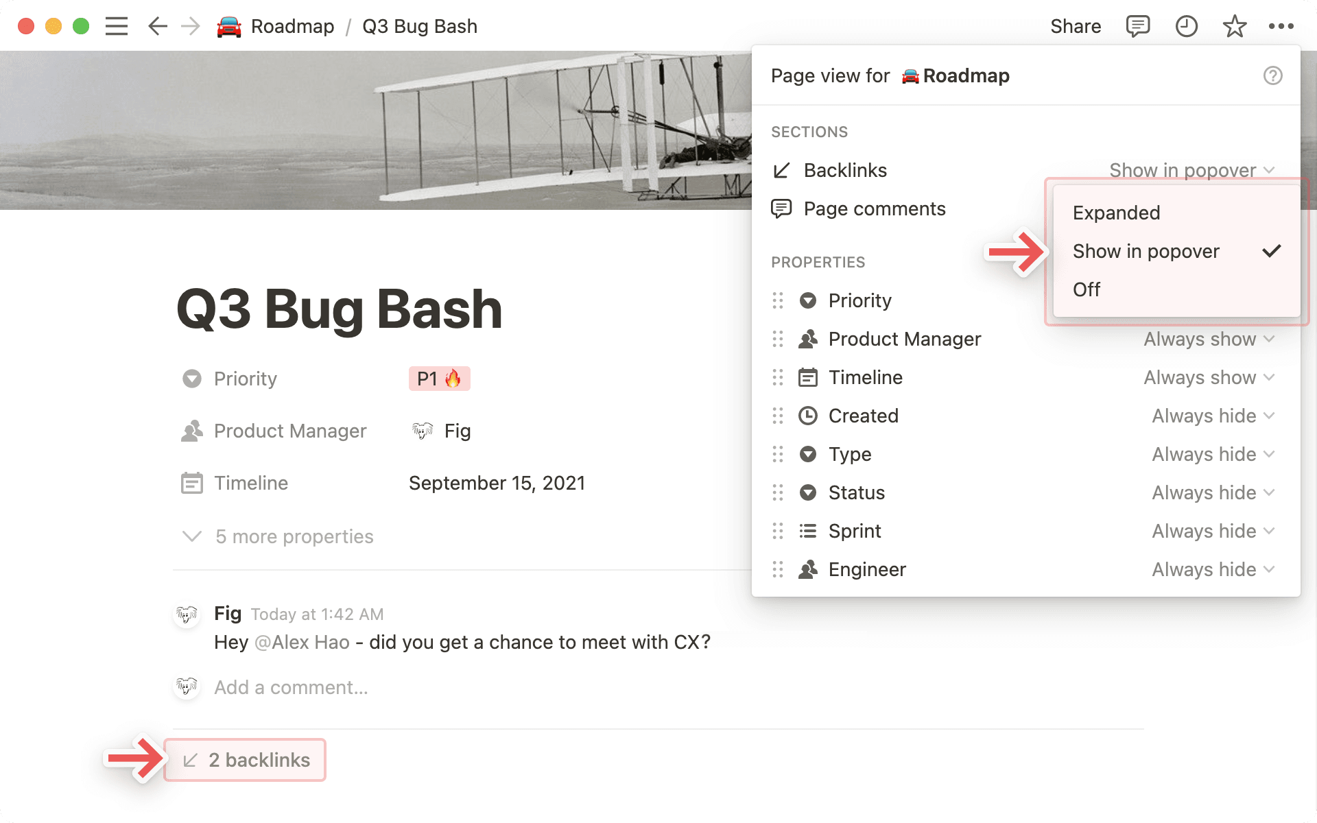 Customise backlinks