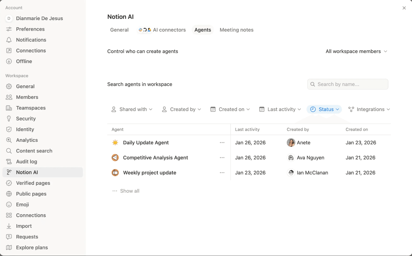 Image of agent directory within Notion AI.