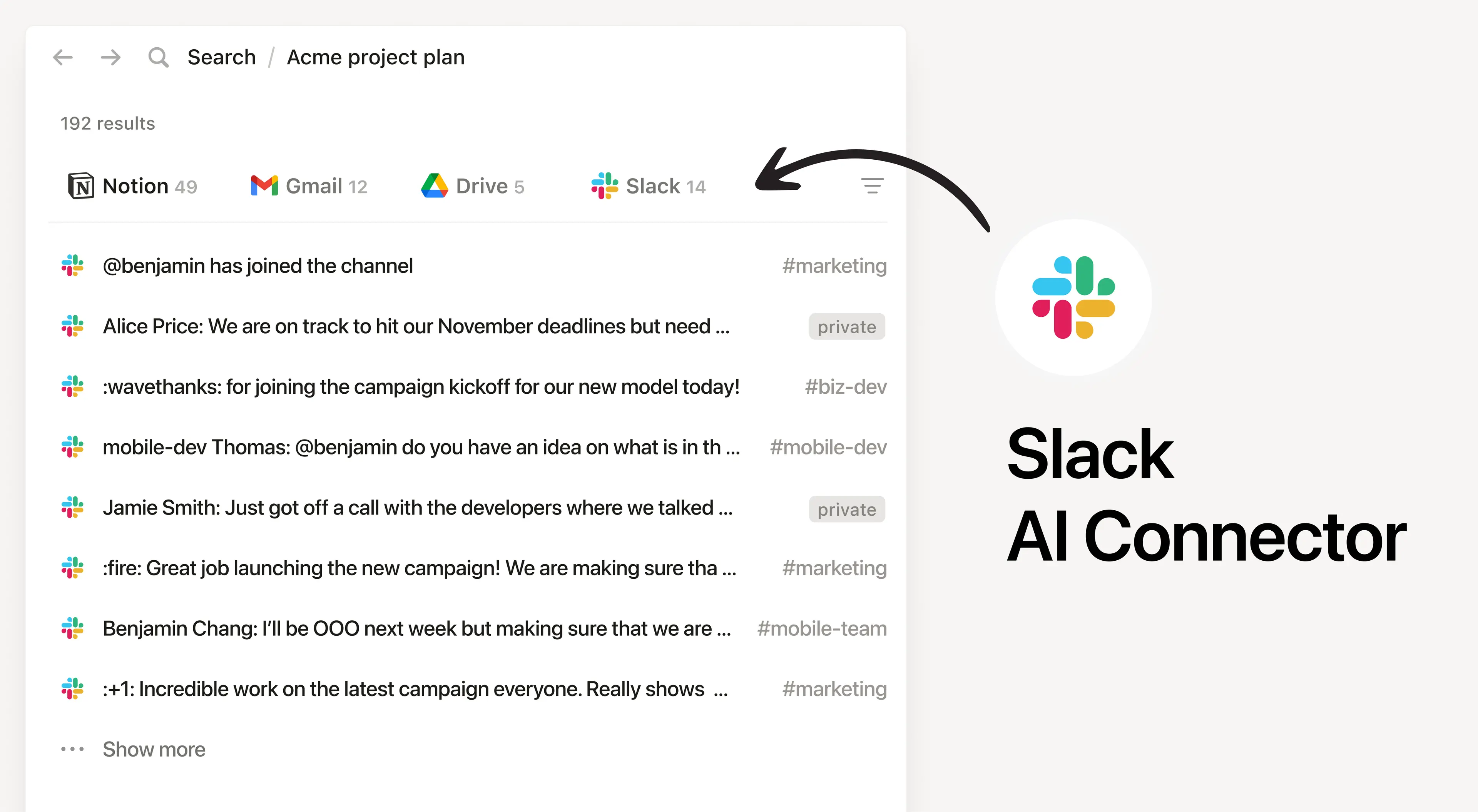Search Slack channels and messages from Notion
