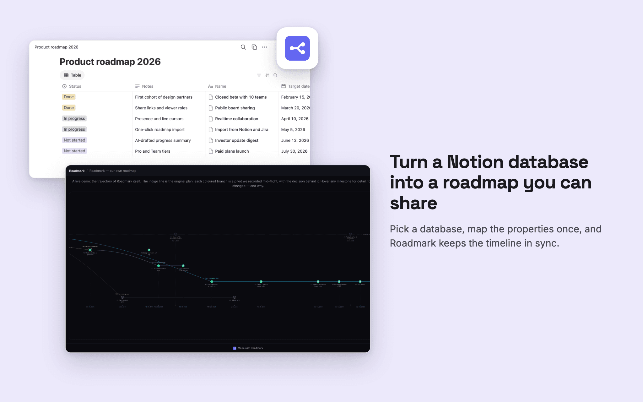 Turn a Notion roadmap database into a shareable visual timeline — with the decisions behind it.