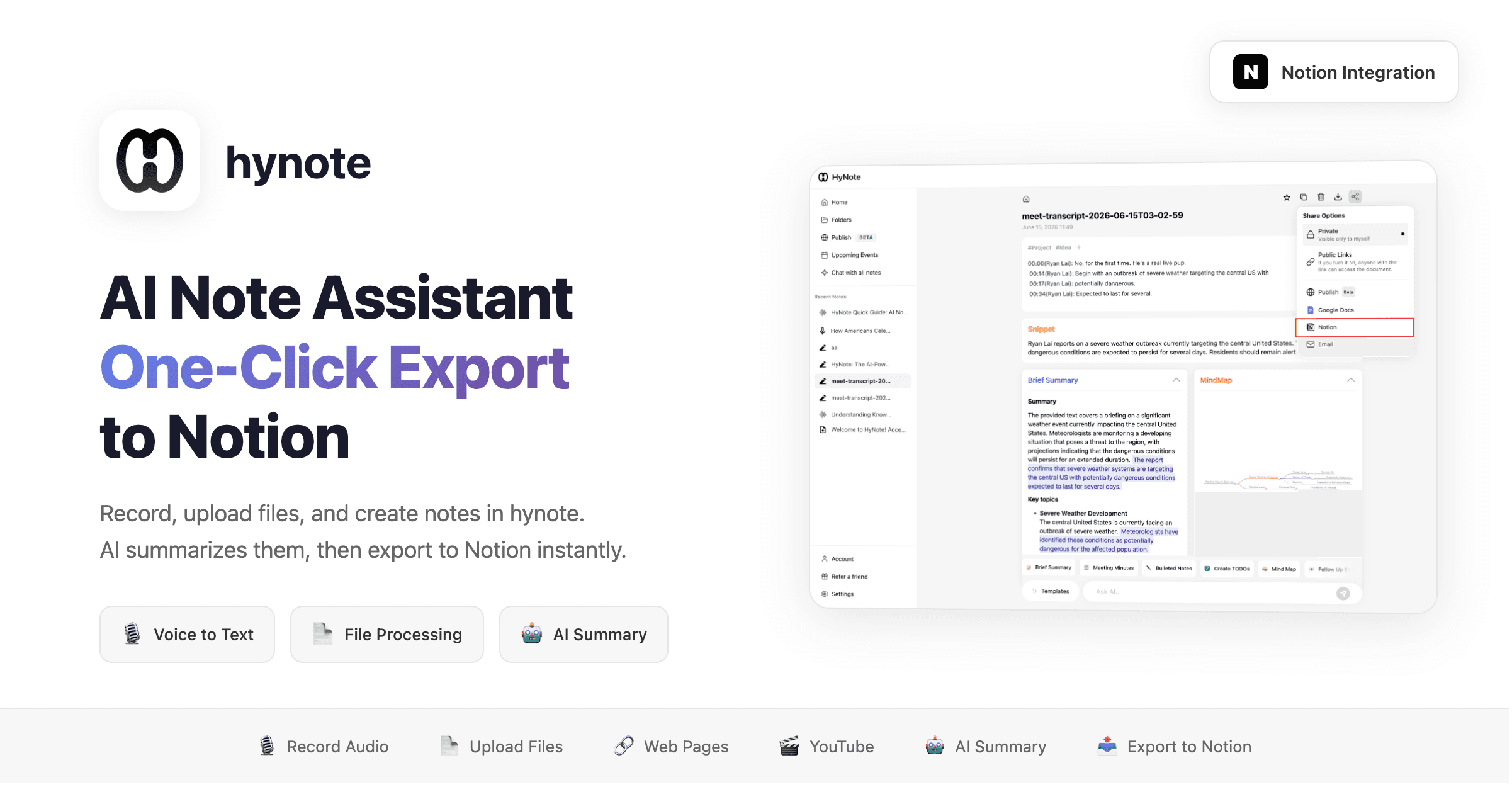 Turn recordings, files, and handwritten notes into clear AI summaries—and export them to Notion in one click.